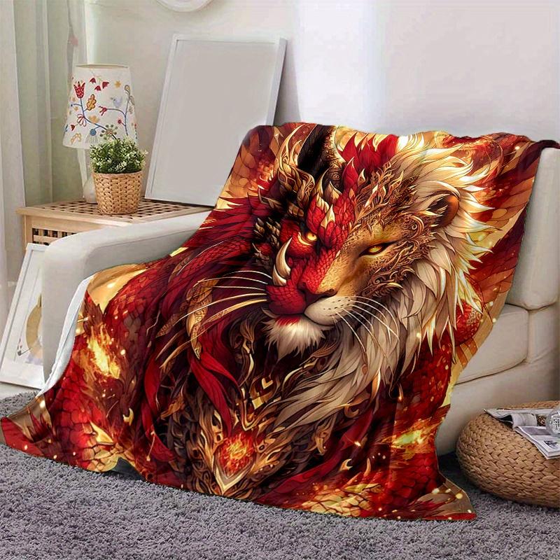 1pc Golden Lion of Fire Cartoon Blanket Soft Throw for Home Decor, Gift Idea, Living Room, Travel, Camping, Car Blankets