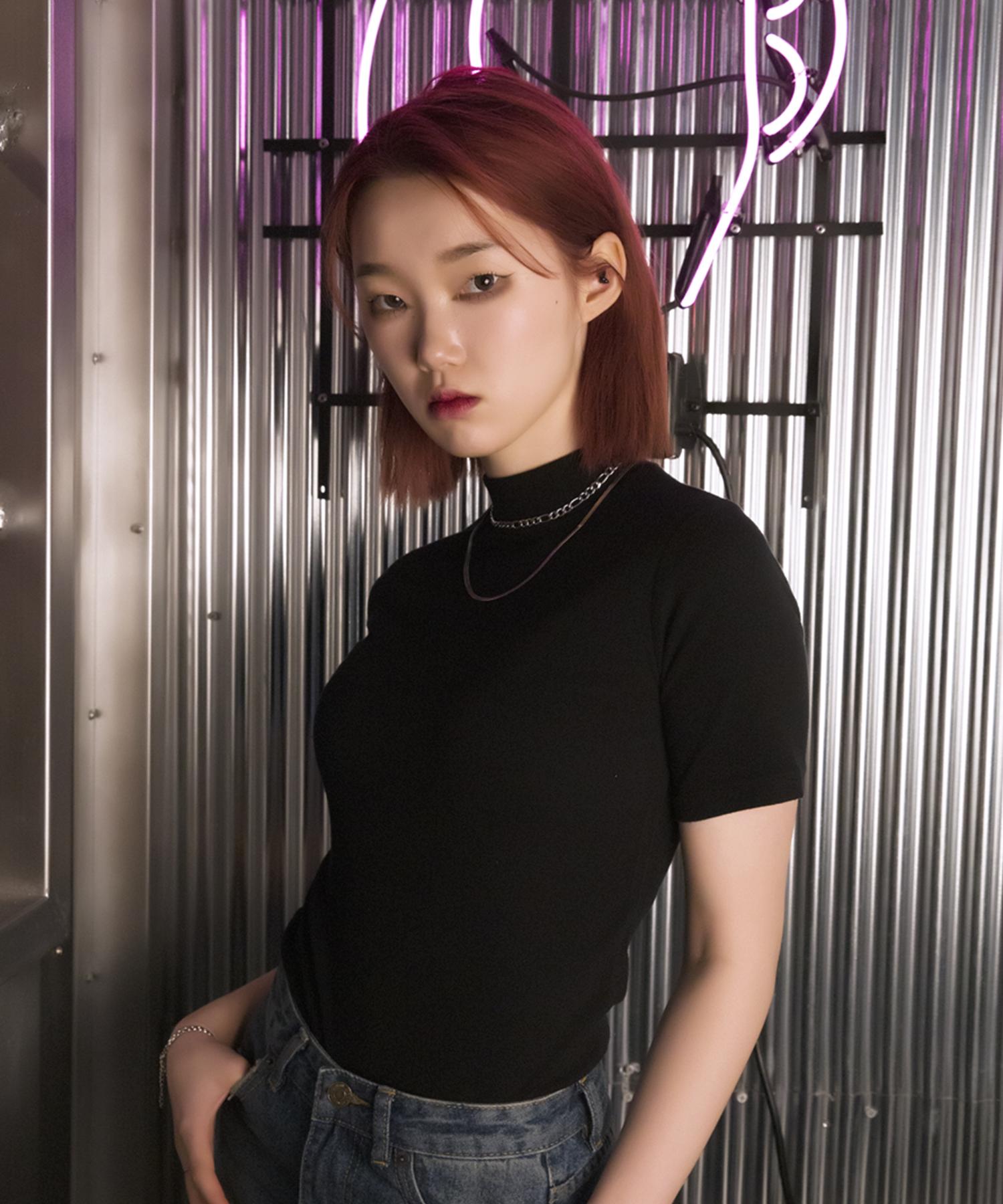 Just Haeng Basic Black Mock Neck Short Sleeve Tee Black/F