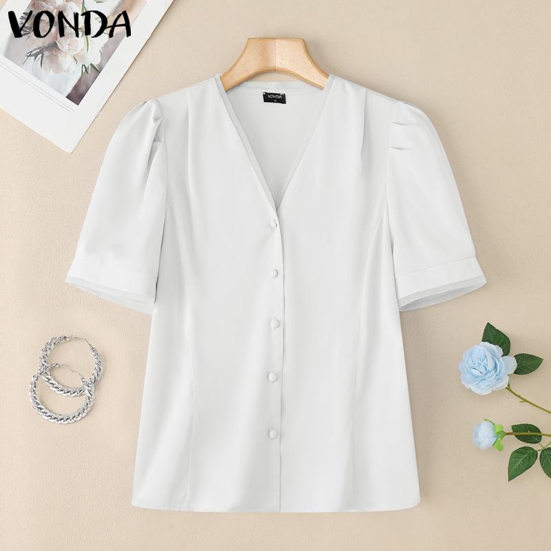VONDA Elegant Women Short Sleeve Buttons Up Casual Office Blouse Work Wear