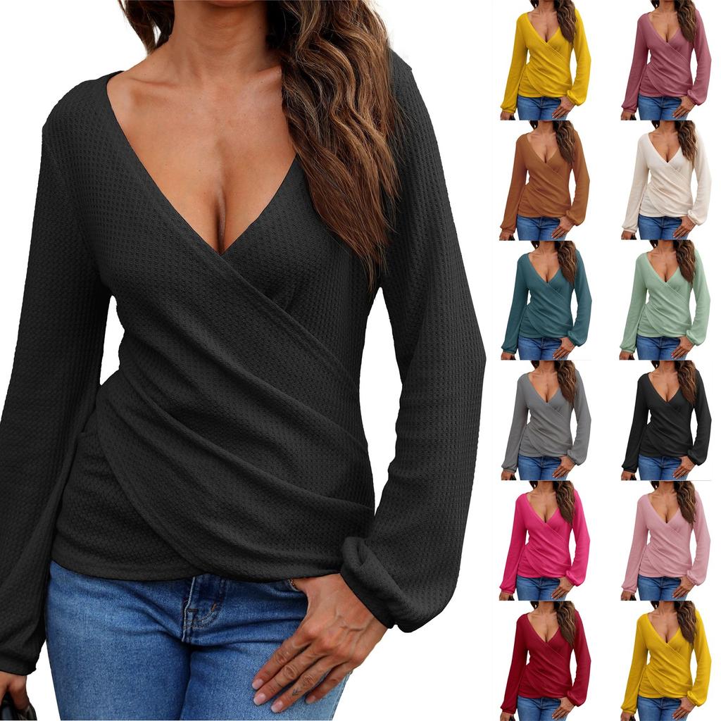 Women's Solid Color Long Sleeve Slim Top Sexy Casual Collar Shirt Top