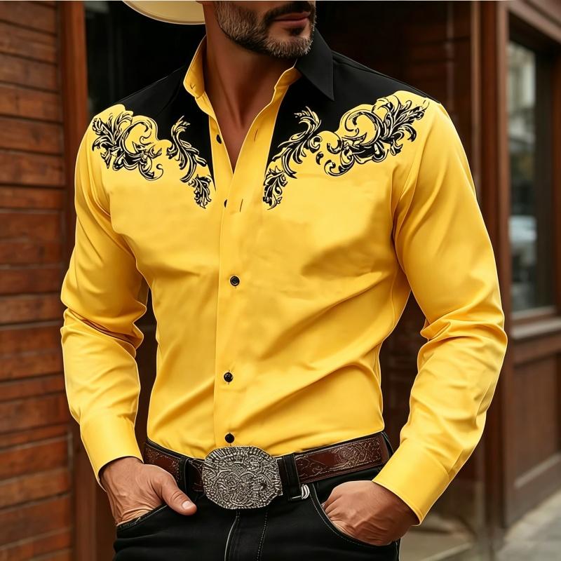 Stylish Men's Baroque Floral Embroidered Western Shirt, Satin Feel Slim Fit Button Up Blouse