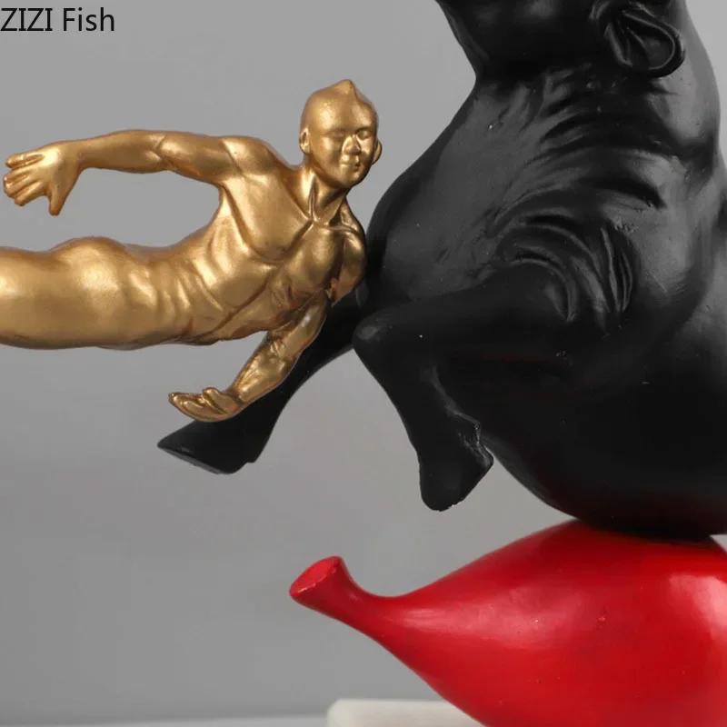Game with Bulls Sculpture Marble Base Ornaments Modern Crafts Desk Decoration Bullfighter Abstract Artwork Room Aesthetic Decor