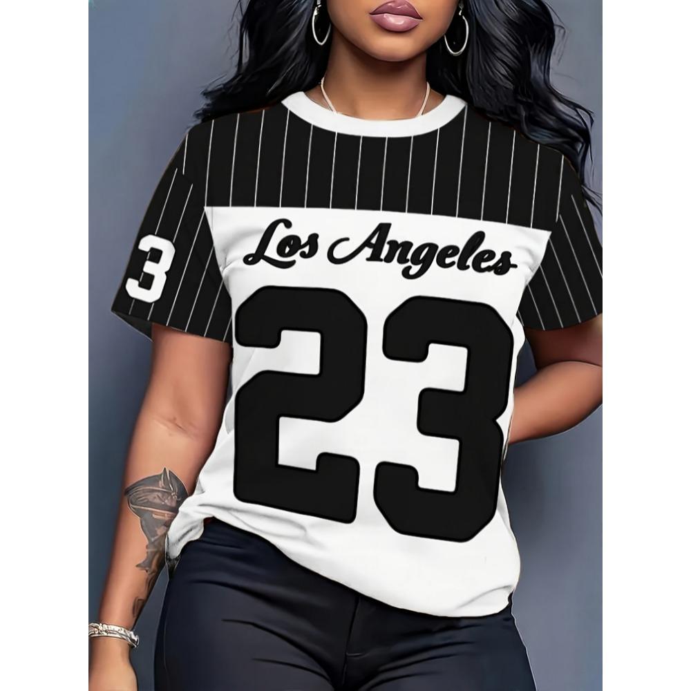 T-shirt striped short sleeved round neck daily top for women, creative sports home T-shirt