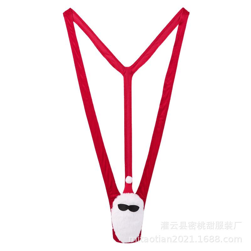 European & American Santa Claus Men's Erotic Lingerie: Sexy Deep V Strappy Bodysuit