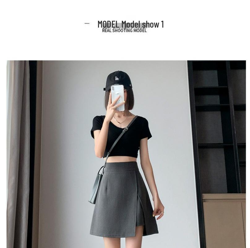 Women's Gray High-Waist Irregular Slit A-Line Midi Skirt