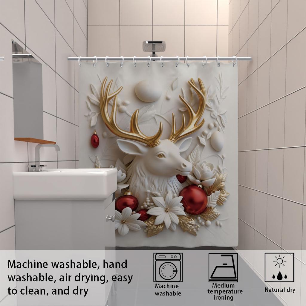 1Pc Imitation Relief Christmas Reindeer Print Waterproof Shower Hanging Curtain With Multiple Sizes 12 Hook Easy Installation