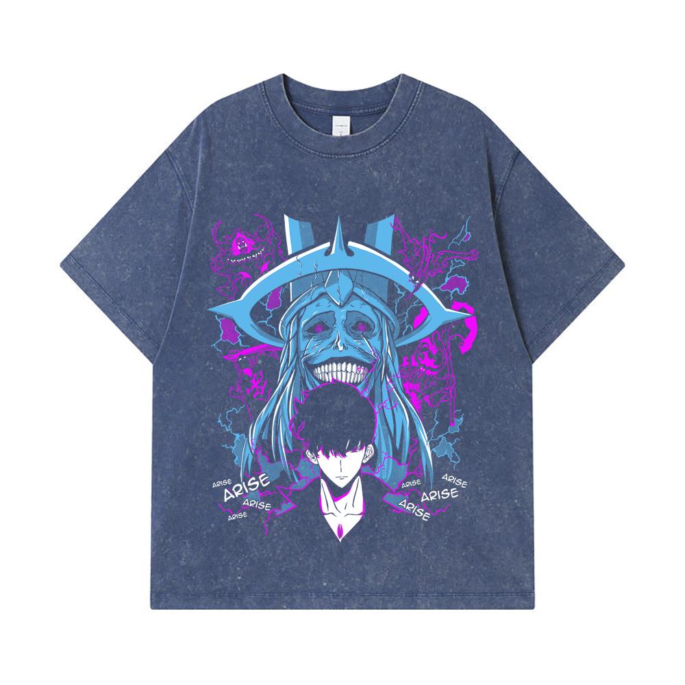 

275 GSM Washed T-shirts 100% Cotton Solo Leveling V21 Print Unisex Heavy Cotton T Shirt 2XL королівський синій колір