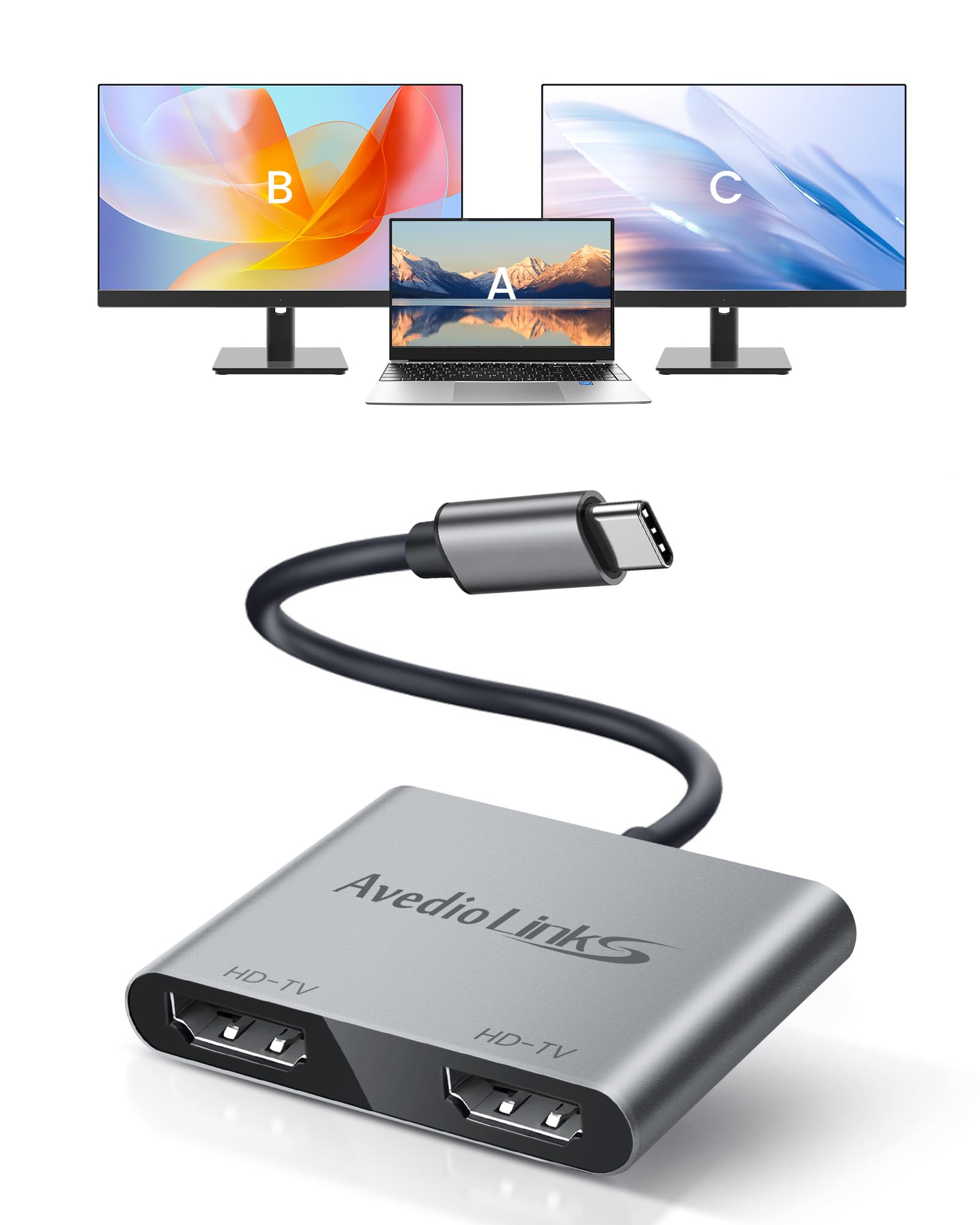 

avedio links HDMI conversion adapter HDMI splitter supports extended and duplicate modes 3 screens HDMI2 ports Dual USB C Thunderbolt 3 compatible C серый