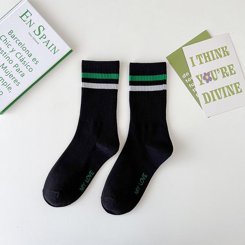 Female Spring and Autumn Letter Stripe Embroidered Green Street Sports Academy Wind Tube Socks