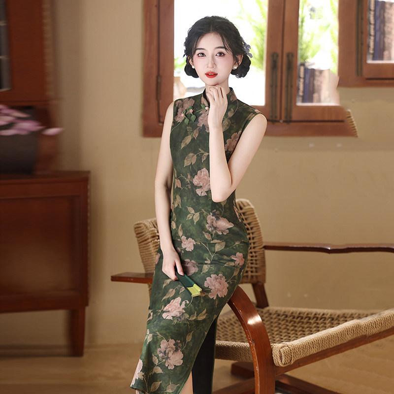 Green sleeveless national style new Chinese daily Suzhou long cheongsam improved young 1011 new women's high sense