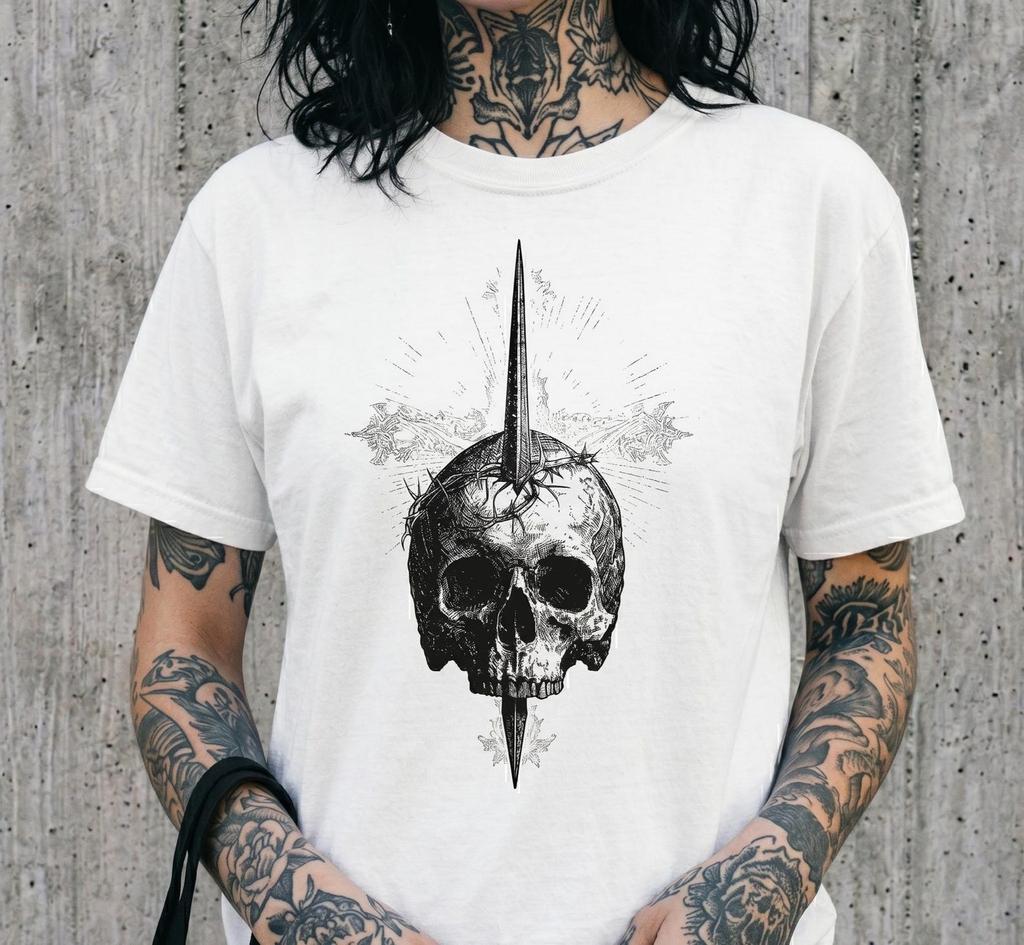 Skull Iron Spike Shirt, Crown of Thorns Occult Graphic Tee, Dark Fantasy Alt Clothing, Comfort Colors Goth Gift