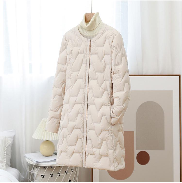 Women's Mid-Length Lightweight Down Jacket - Autumn/Winter, Round Neck, Collarless, Korean Style Trendy Outerwear