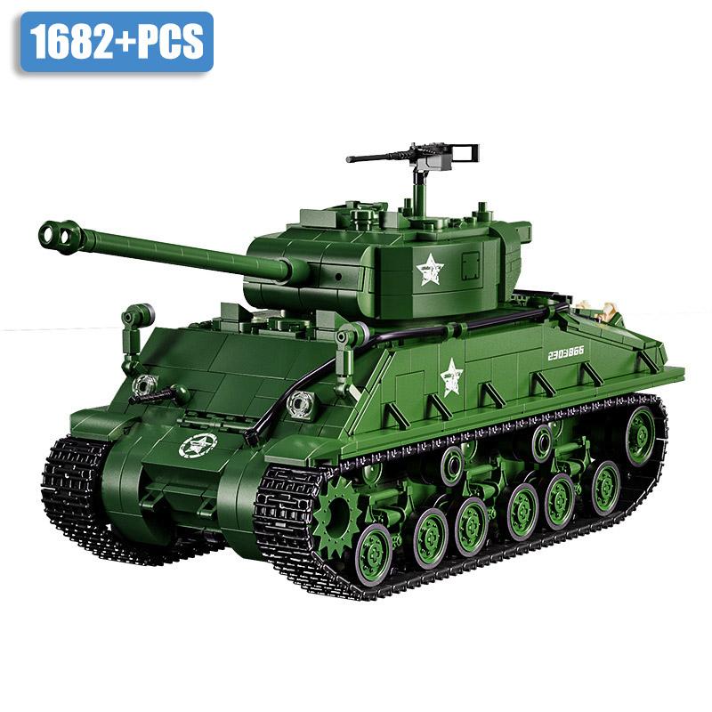 Military WW2 M4 Sherman Medium Tank Building Blocks MOC World War 2 M26 Pershing Main Battle Tank Weapon Bricks Toys Boys Gifts