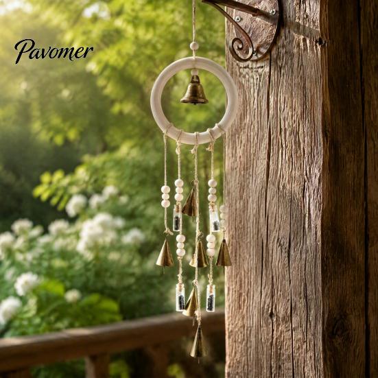 Natural Log Beads Hanging Ornament Vintage Metal Wind Chimes with Bells And Wishing Bottle, Rustic Witch Small for Windows Wood Ring, Bohemian