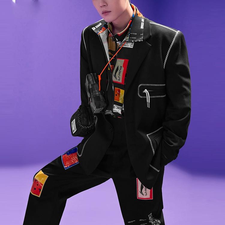 Li Ning Casual Lapel Multi-Pocket Suit Jacket Men Outerwear Black AFDR821-1