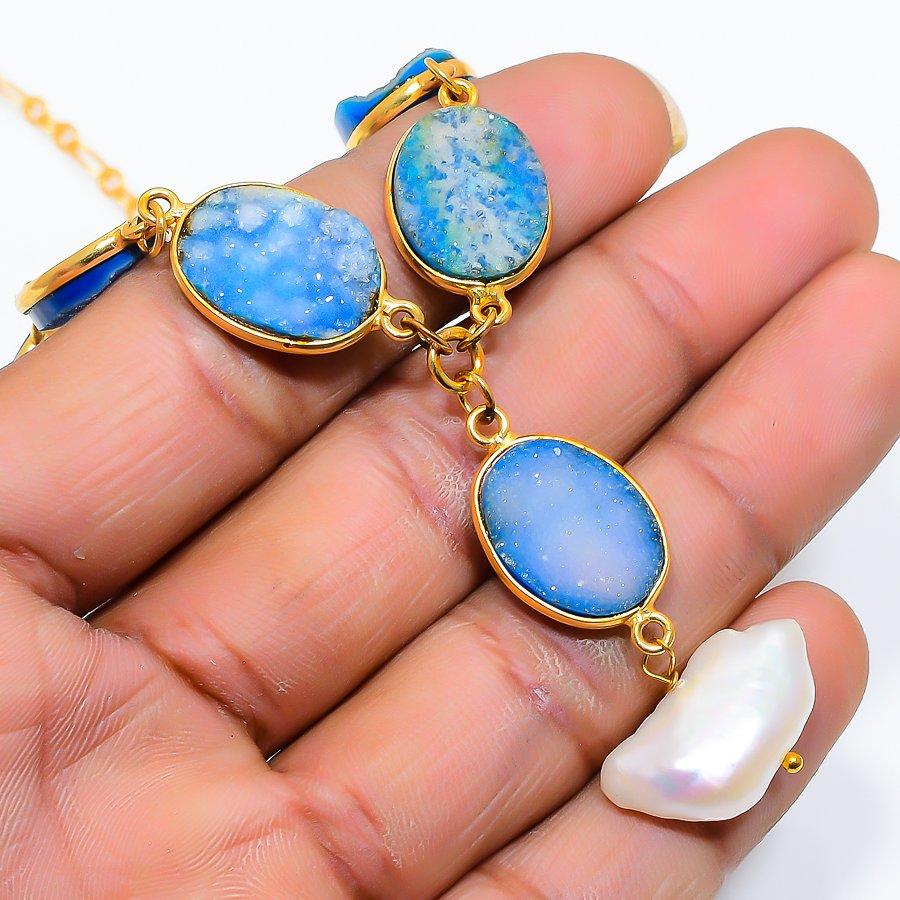 

Biwa Pearl, Druzy Gemstone 925 Sterling Silver Jewelry Necklace 20 GK-5378