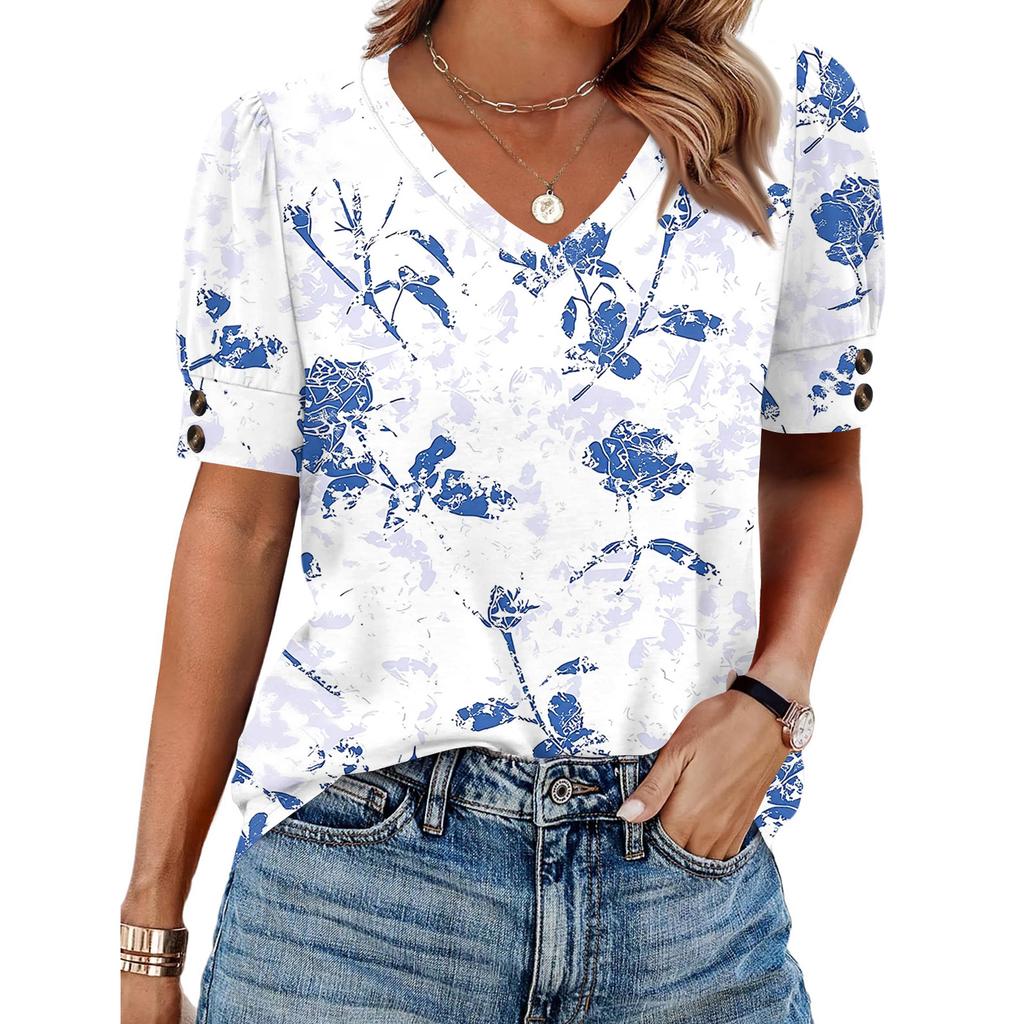 Womens Tops Short Sleeve Shirts Buttons V Neck  Fashion Outfits  Blouses  Casual