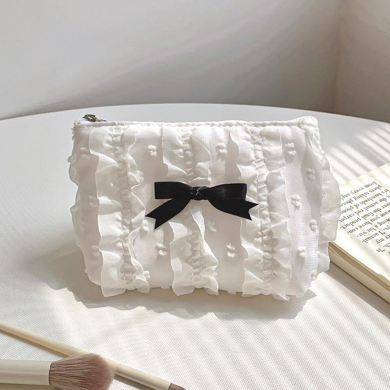 Cute Women Makeup Mini Bag Korean Lace Bow Portable Coin Purse Small Pouch Handbag Kawaii Female Cosmetic Storage Zipper Bag