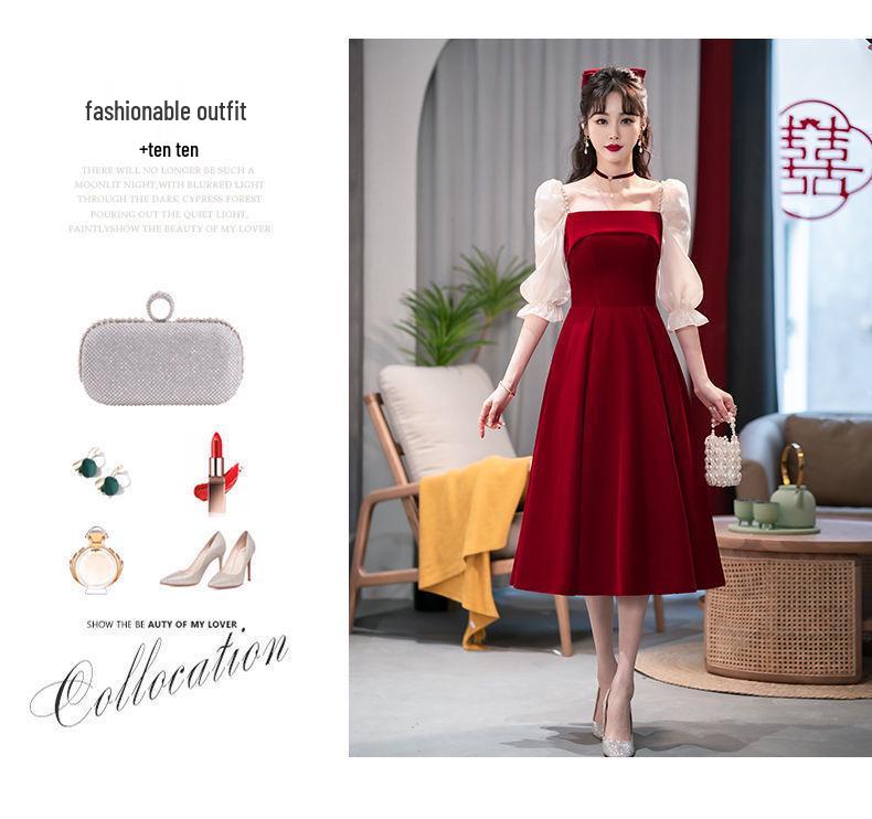 Robe d'été formelle courte haut de gamme couleur bordeaux - Tenue de toast ou tenue quotidienne pour la mariée 2025