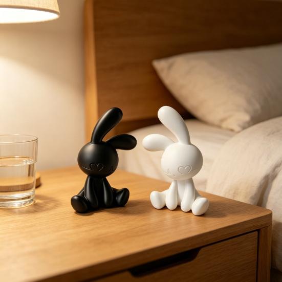 1 Pair Bunny Figurine 3D Printed Cute Black And White Rabbit Decoration for Office Desktop Bedroom Car Dashboard Home Decor