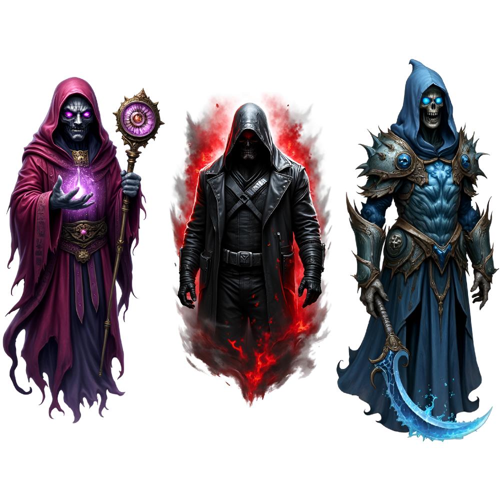 3pcs Temporary Tattoo Waterproof Long-lasting Body Stickers Skeleton Wizard Dark Magician Hooded Mage For Arms Adults Thighs