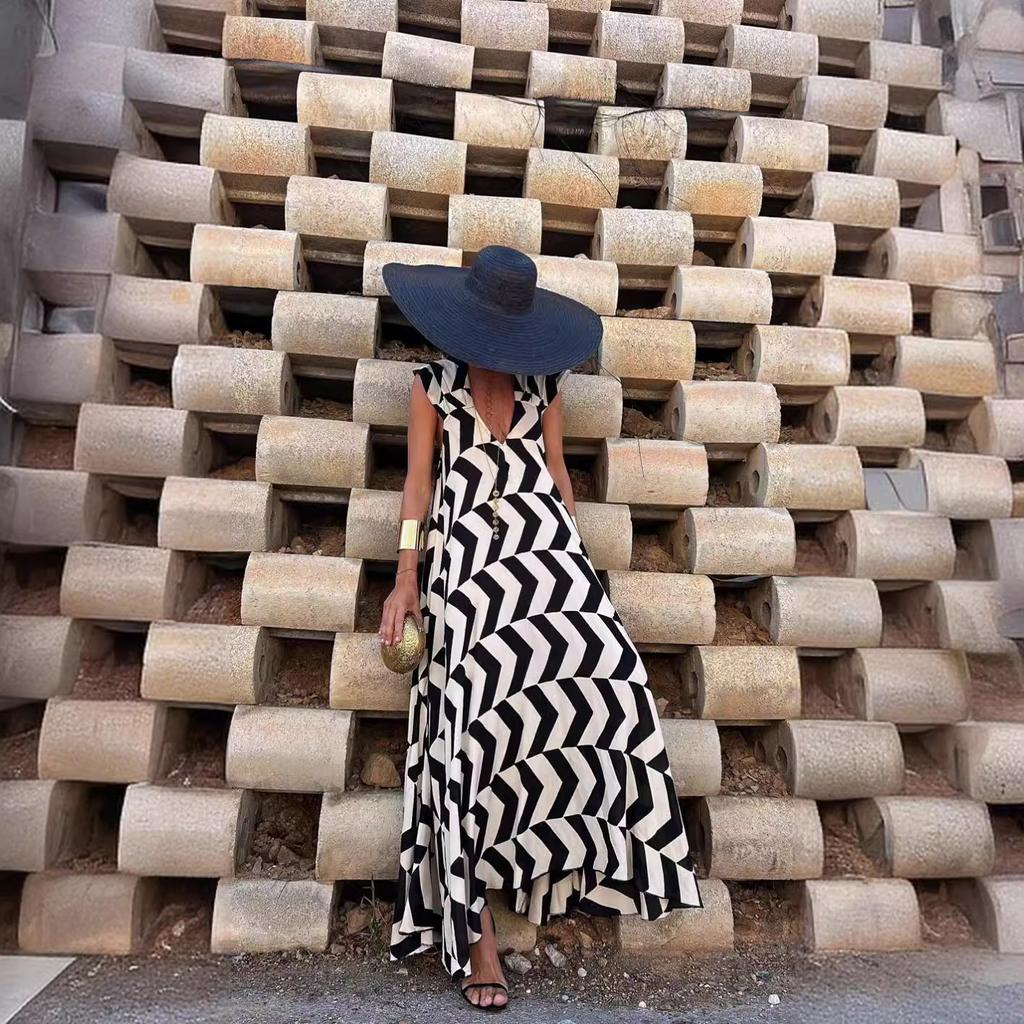 Women's Summer Printed New Dress Loose A-line Long Skirt Geometric Stripes for Women