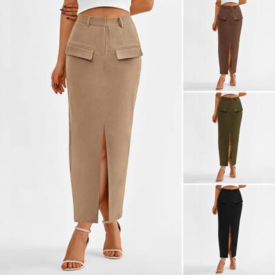 Women Midi Skirt High-Waisted Hip-Covering Design Office Lady Skirt Solid Color Back Slit Hem Casual Skirt