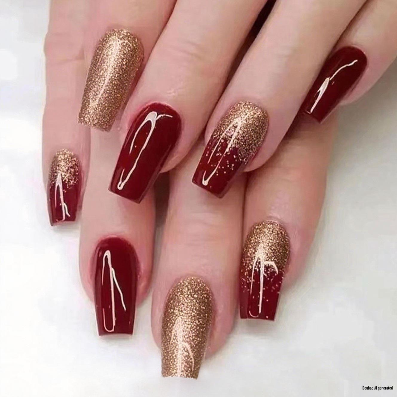 Sparkling Wine Red Long Manicure Nails - New Year & Bridal Style