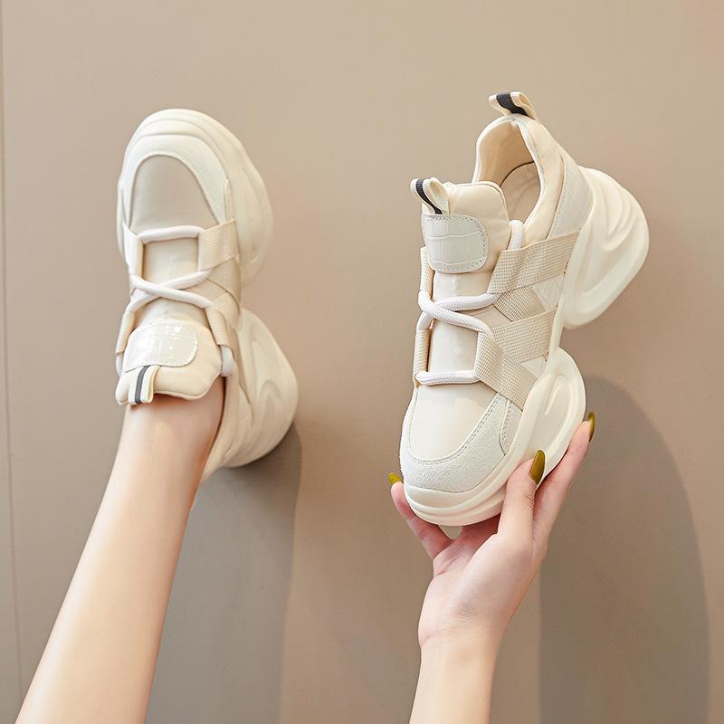 Women's Genuine Leather Dad Shoes, Korean Style New Spring Collection, Black Platform Sneakers with Hidden Heel