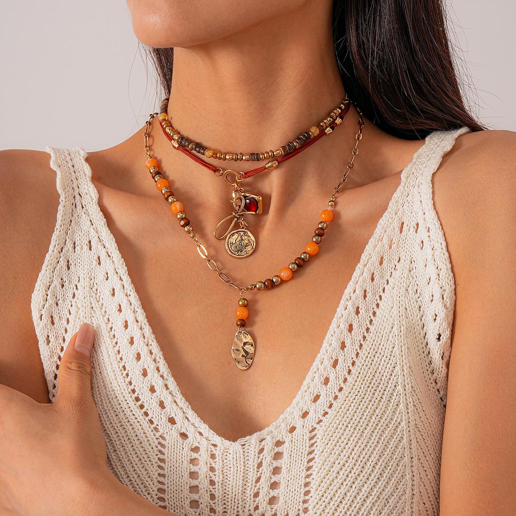 Retro wood bead leaf bow multi-layer necklace niche ethnic style necklace decoration