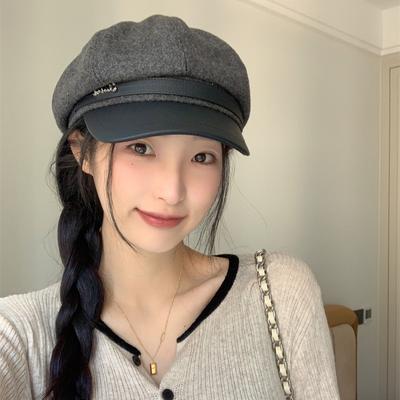 Pu Leather Woolen Beret for Women A Versatile Japanese Style  Retro Autumn and Winter Fashion A Small Octagonal Cap That Shows Off The Face