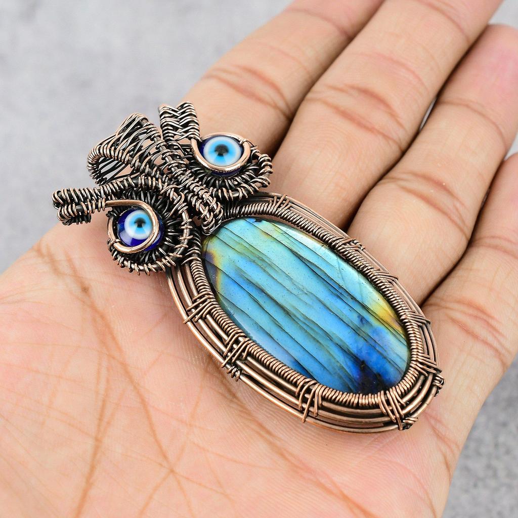Labradorite & Blue Evil Eye Pendant, Handmade Gemstone 999 Copper Wire Wrapped Pendant Antique Jewelry, For Gift Silver Jewelry