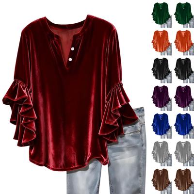 Damen Modische Farbe V-Ausschnitt Siebenviertelärmel Knopf Vielseitig Locker Glockenärmel Gold Samt Pullover Top