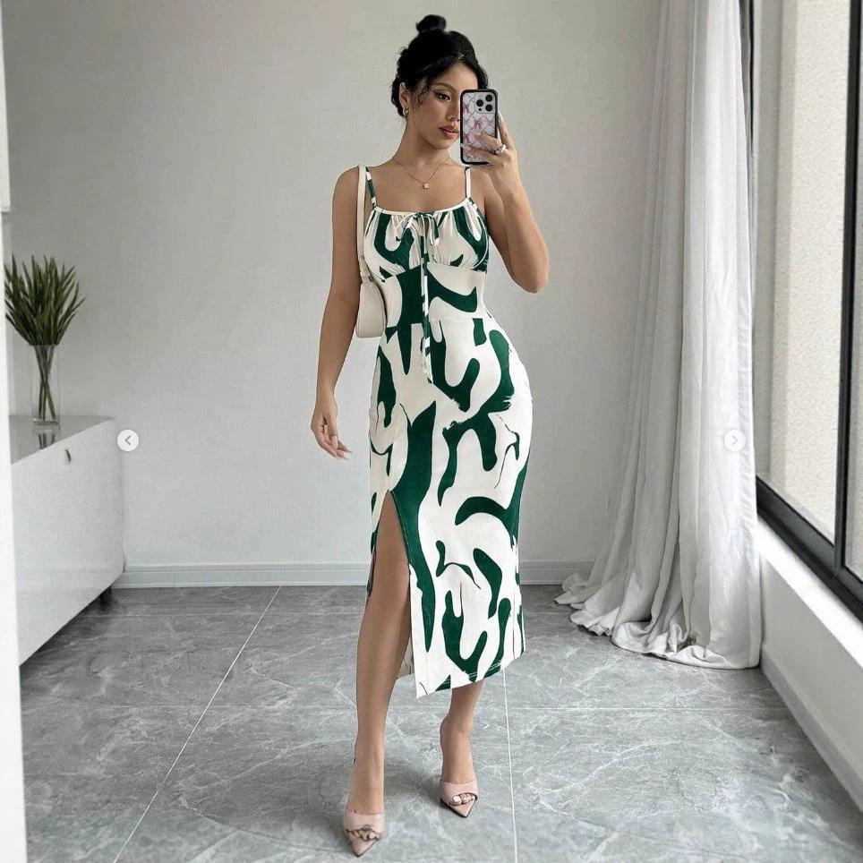 Women's Clothing European, American Spring and Summer New Fashion Printing Slim-fitting Suspender Split Dress Waist