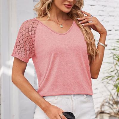 Spring Summer Women's Spliced Mesh Short Sleeved Top Solid Color Casual Loose T-shirt
