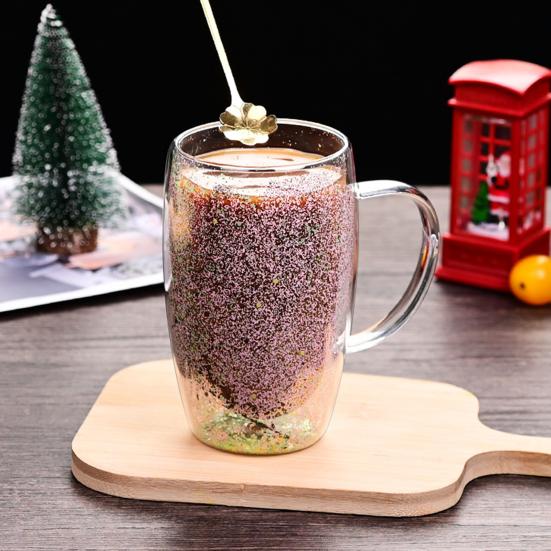 Double Wall Glass Mug with Flower Glitter Inside 450ml Large Capacity Heat & Cold Resistant Transparent Mug Creative Breakfast Coffee Cup