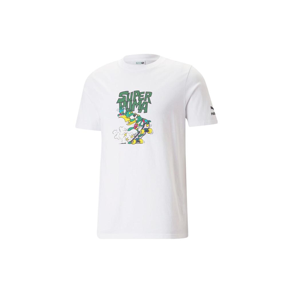 Puma Letter American Retro Cartoon Print Crew Neck Casual Pullover Short Sleeve T-Shirt Men Tops White 621992-02