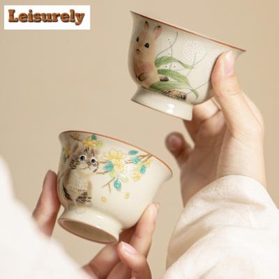 70ml Cute Cat Tall Feet Cup Retro Rice Yellow Ru Kiln Opening Master Cup Master Cup Ceramic Meditation Cup Chazhan Kung Fu Tea