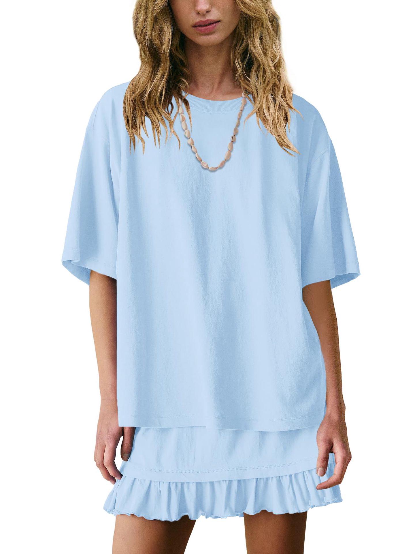 

2026 Casual Women s Short Sleeve Top and Skirt Set L светло-синий