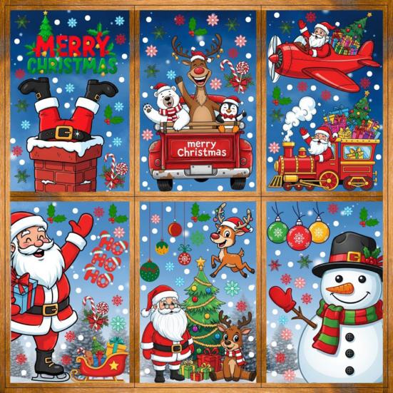8 Sheets/Set Christmas Window Stickers Non-adhesive Snowflake Santa Claus Window Decals Reindeer Penguin Snowman Static Clings for Indoor Outdoor