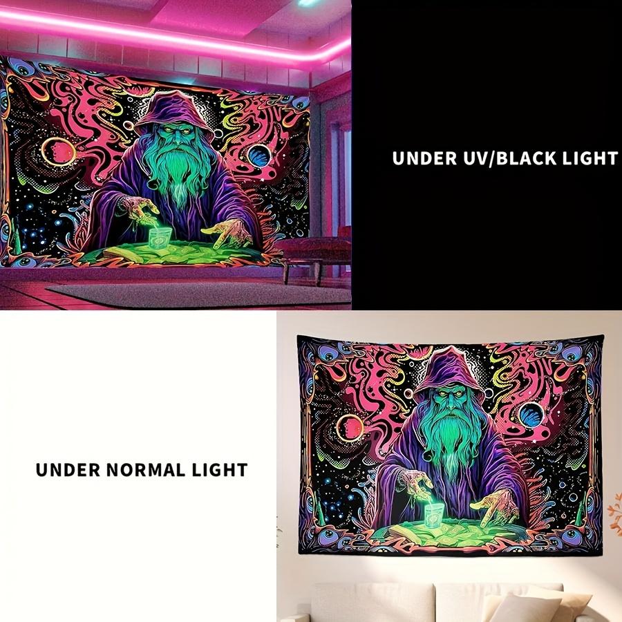 Psychedelic Wizard Tapestry: Vibrant Neon Wall Art for an Enchanting, Magical, and Unique Decor Statement Piece