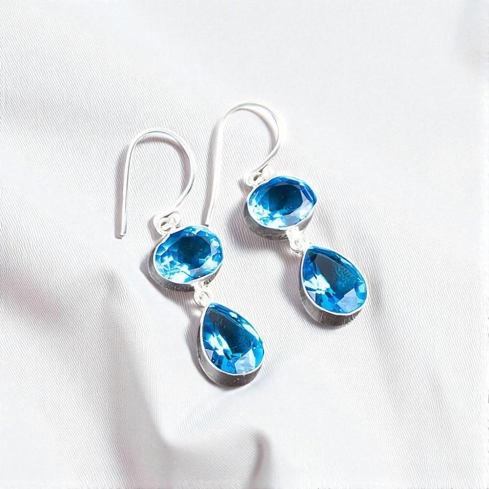 Swiss Blue Topaz Gemstone 925 Sterling Silver Jewelry Handcrafted Earrings 1.88" EE-73-9