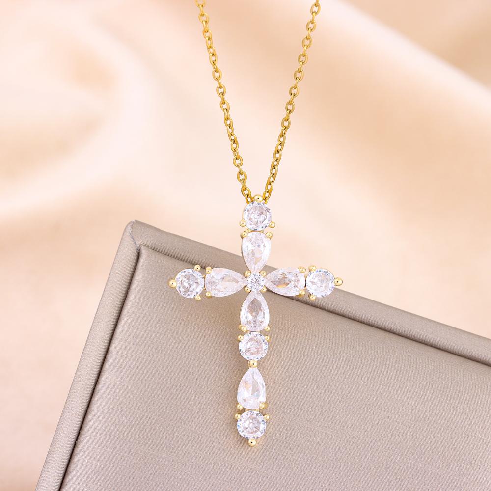 New Super Shining Zircon Crystal Cross Pendant Necklaces For Women Trendy Female Stainless Steel Neck Chain Jewelry