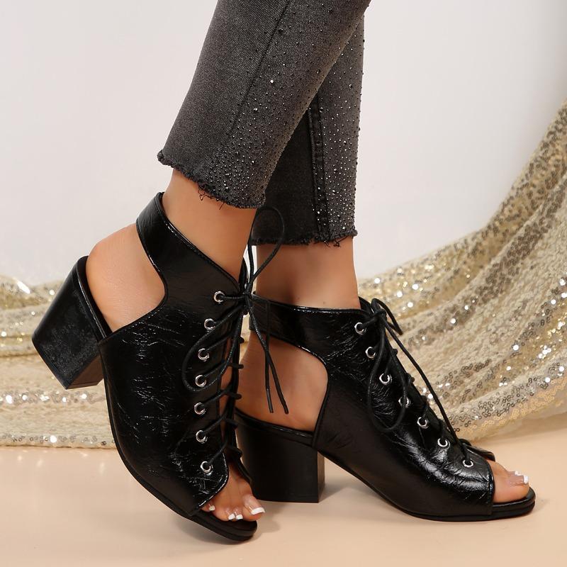 Fashion Plus Size High Heels Women Summer New Round Toe Breathable Front Lace-Up Mid Heel Block Heel Leather Face Cool Boots