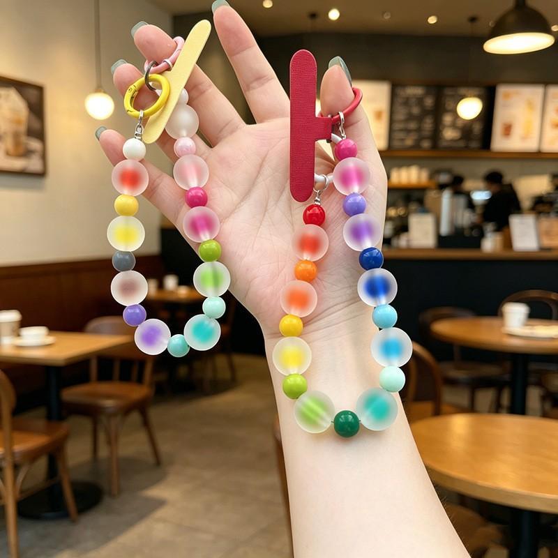 Rainbow Frosted Jelly Bead Phone Lanyard Lightweight Double Clasp Anti-Lost Wrist Strap for Daily Commute Shopping