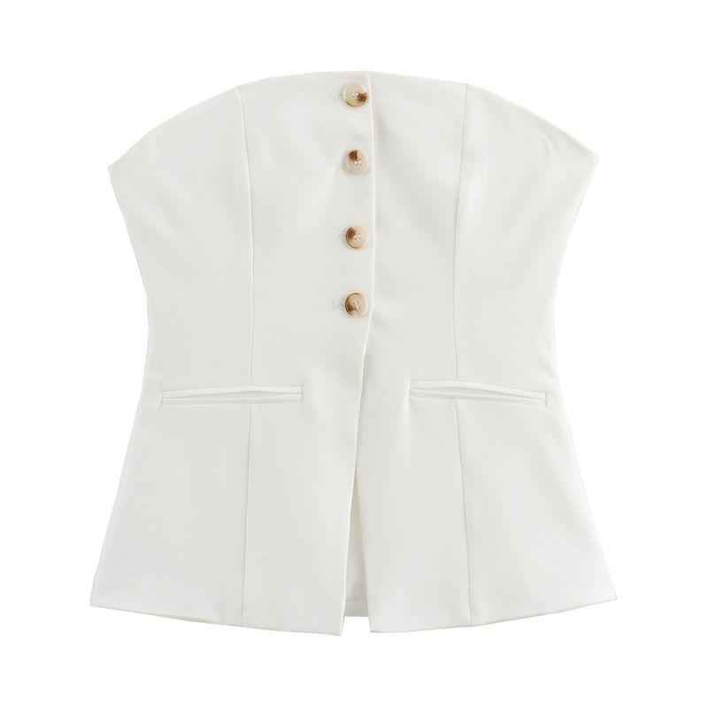 

Kaslead New Arrival Women s Fashion Style Fashion Slim-Fit Versatile Minimalist Tube Top Pocket Short Top White L