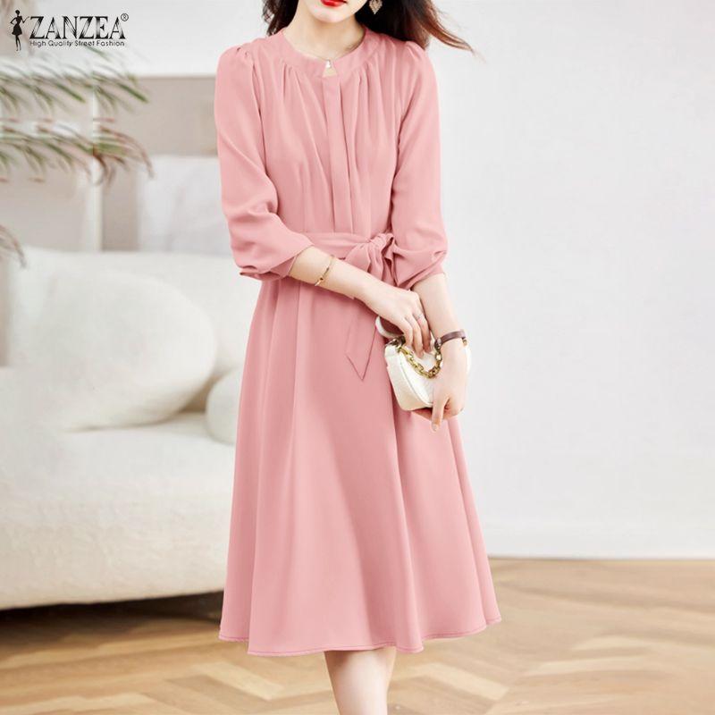 ZANZEA Damen Freizeitkleid mit Rundhalsausschnitt und langen Ärmeln, locker