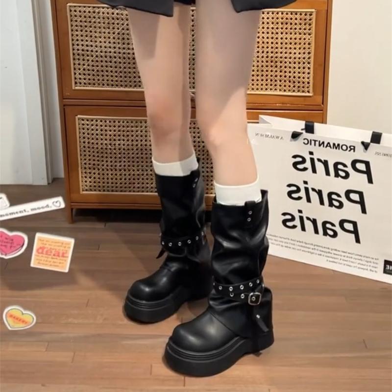 Hottie Platform Thick Heel Women Pipe Knight Boots Fashion Belt Buckle Shoes Female Punk Mid Calf Booties  De Muje
