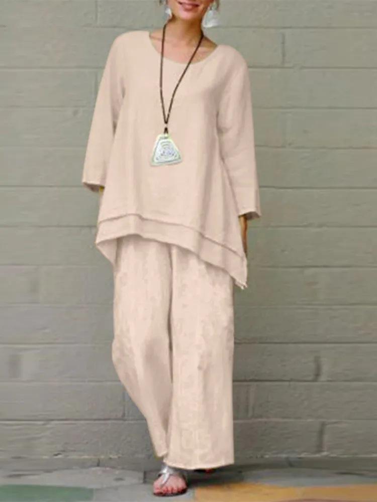 2023 Chinese Style Plus Size Women's Retro Pants Set: Solid Color Cotton Linen Casual Long Sleeve Loose Fit