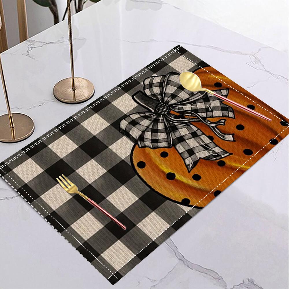 Fall Harvest Table Mat Plaid Pumpkin Gnome Maple Leaf Placemat for Thanksgiving Dinner Fall Party Holiday Table Home Decor